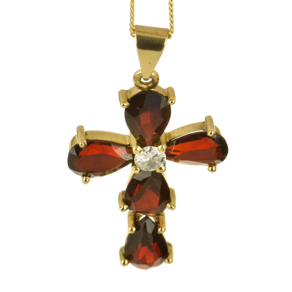 Halskette mit Anhänger - 18 kt Gelbgold Diamant - Granat #1.1