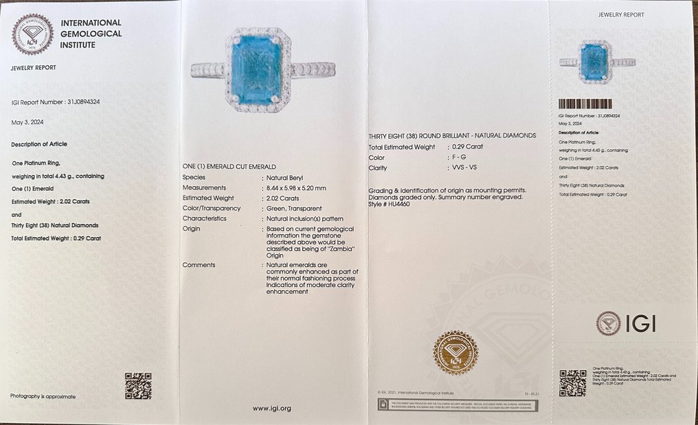 Ring Platin -  2.31ct. tw. Smaragd - Diamant - Halo Ehering #2.1