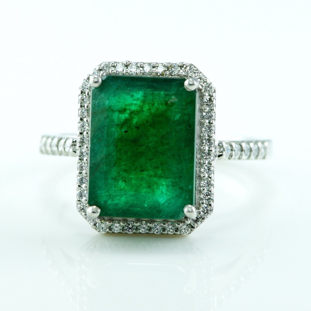 Ring Platina -  5.61ct. tw. Smaragd - Diamant - Emerald Halo ring #2.1