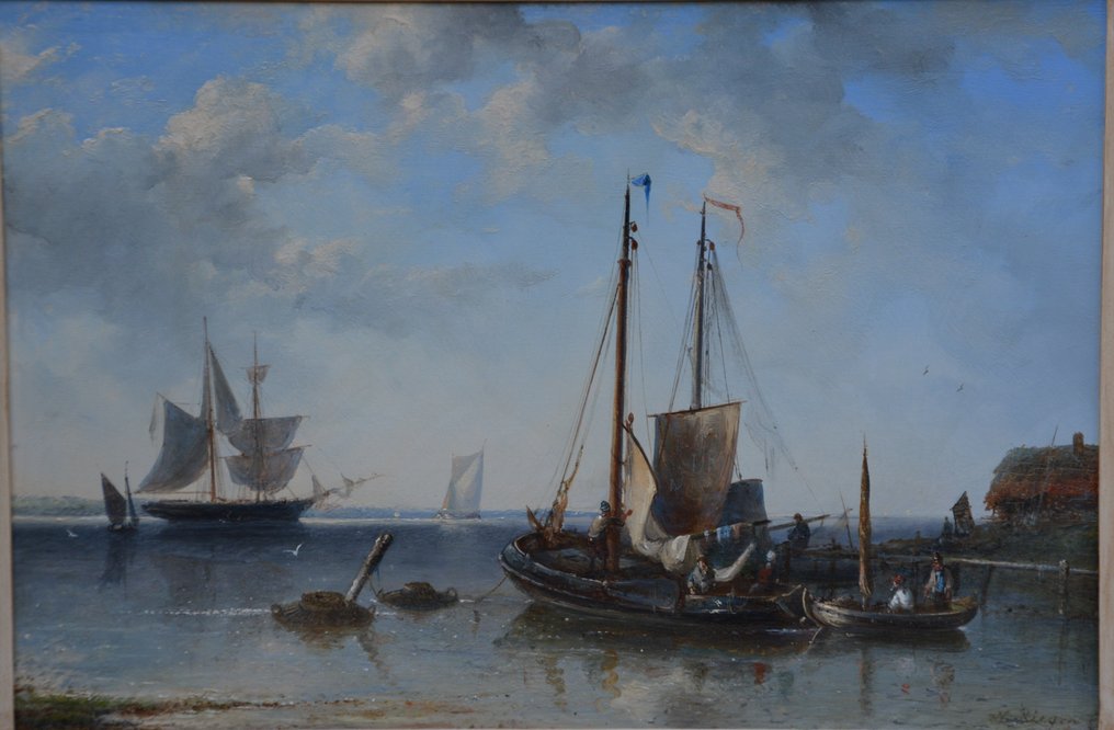 Nicolaas Riegen (1827-1889) - Rivierlandschap met boten #3.2