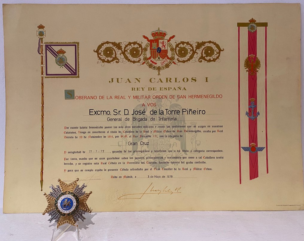 Espanja - Armeijan/Jalkaväki - Mitali - Firma Juan Carlos I diploma concesión junto con Gran Cruz de la Militar Orden de San Hermenegildo - 1979 #1.1