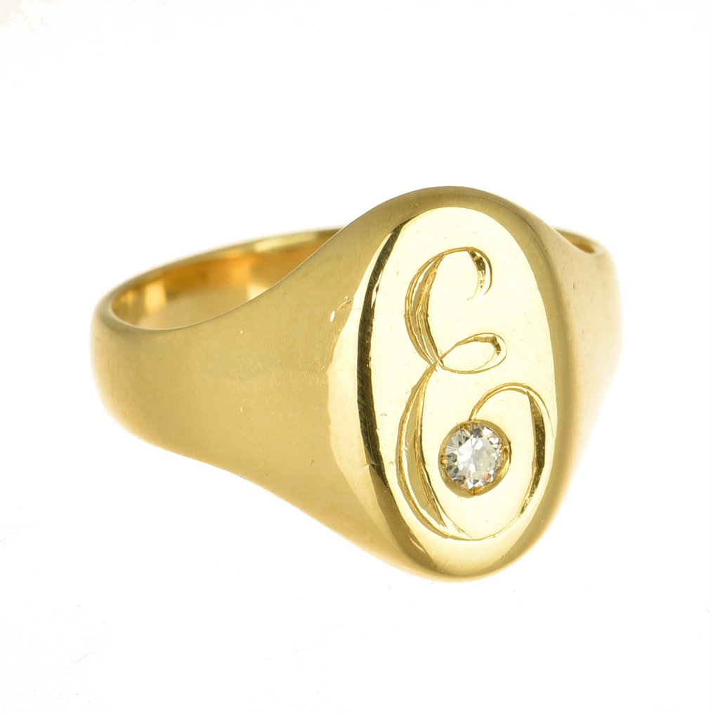 Signet ring - 18 karat Gull Diamant  (Naturlig) #1.1