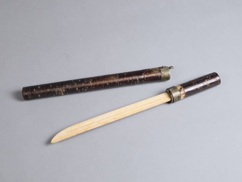 Suport sabie - Teacă antică cu pumnal Tanto cu scoarță de Sakura și accesorii din alamă - Japonia #1.1