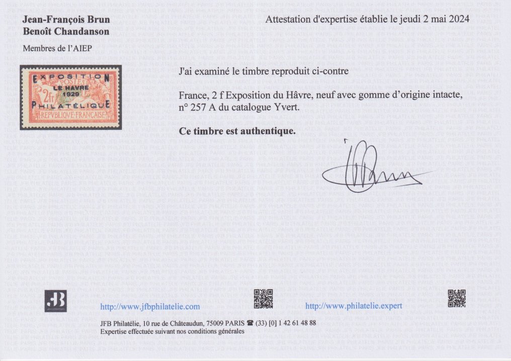 Frankrike 1929 - nr. 257A, Le Havre Philatelic Expo, Ny **, signert og brunt sertifikat. Slående - Yvert #2.2