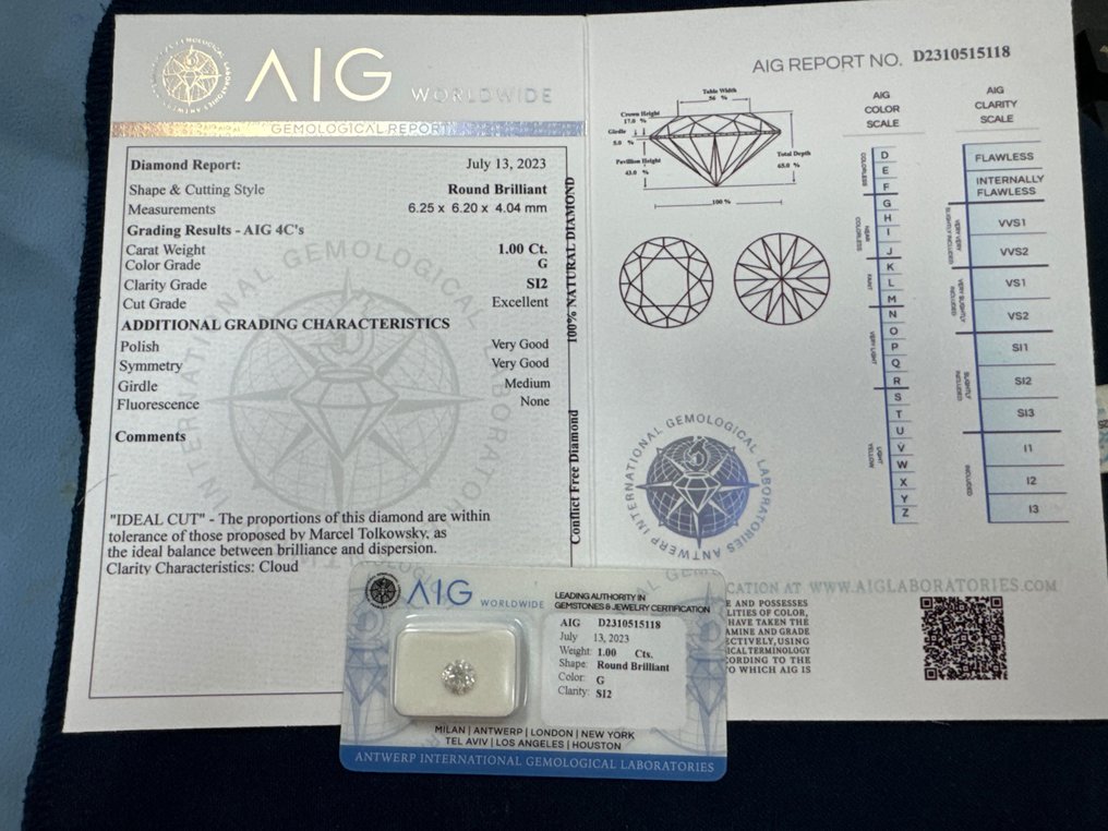 1 pcs Diamond  (Natural)  - 1.00 ct - Round - G - SI2 - Antwerp International Gemological Laboratories (AIG Milan) #2.1