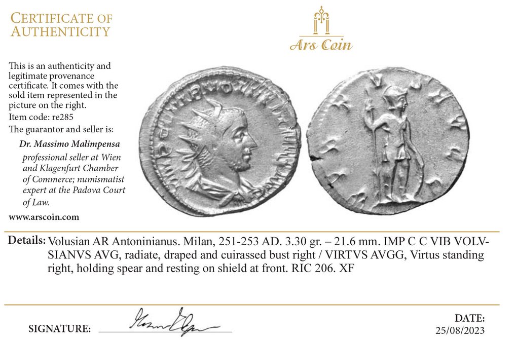 Impero romano. Volusian (AD 251-253). Denarius "Bold Portrait" Virtus #2.1