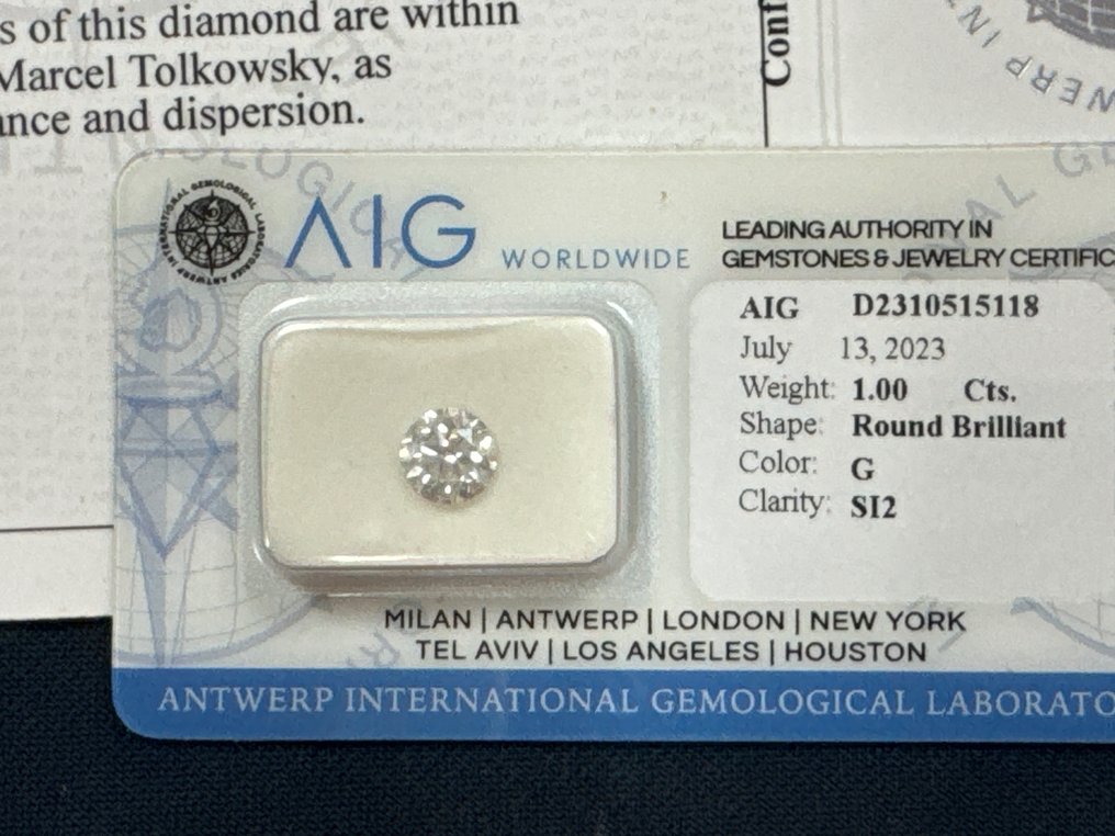1 pcs 钻石  (天然)  - 1.00 ct - 圆形 - G - SI2 微内含二级 - 安特卫普国际宝石实验室（AIG米兰） #1.1