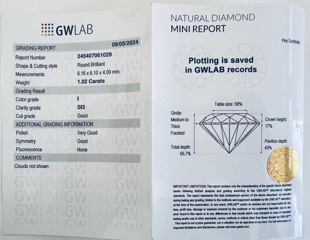 1 pcs Diamond  (Natural)  - 1.02 ct - Round - I - SI3 - Gemewizard Gemological Laboratory (GWLab) #3.1