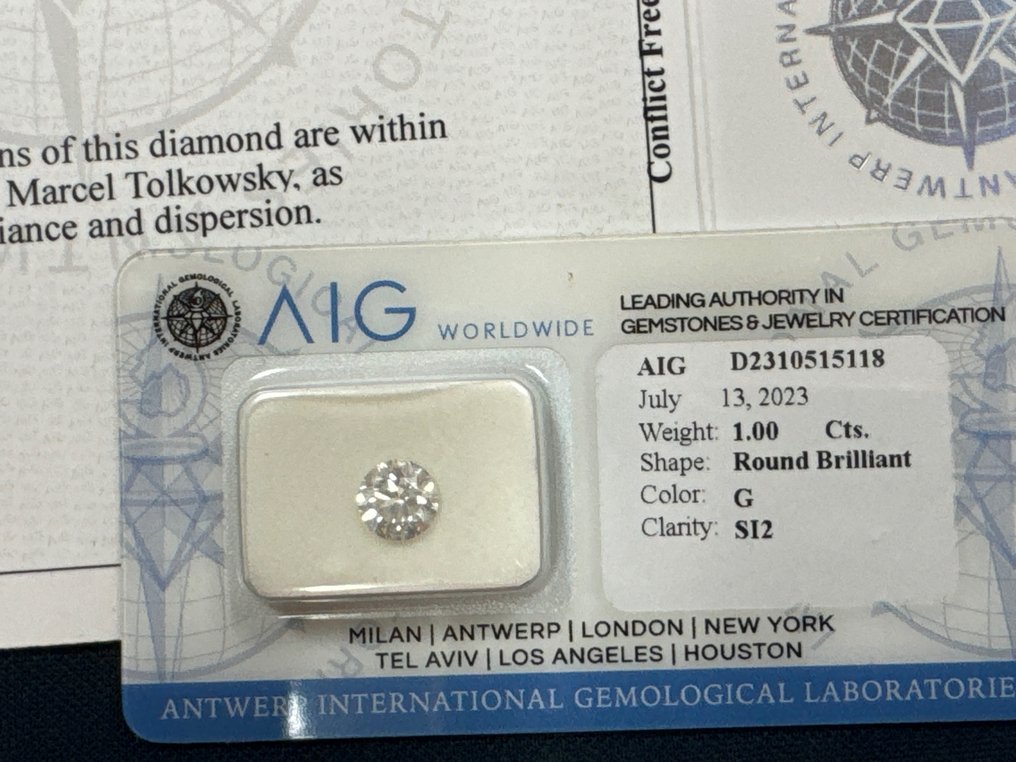 1 pcs 钻石  (天然)  - 1.00 ct - 圆形 - G - SI2 微内含二级 - 安特卫普国际宝石实验室（AIG米兰） #2.2