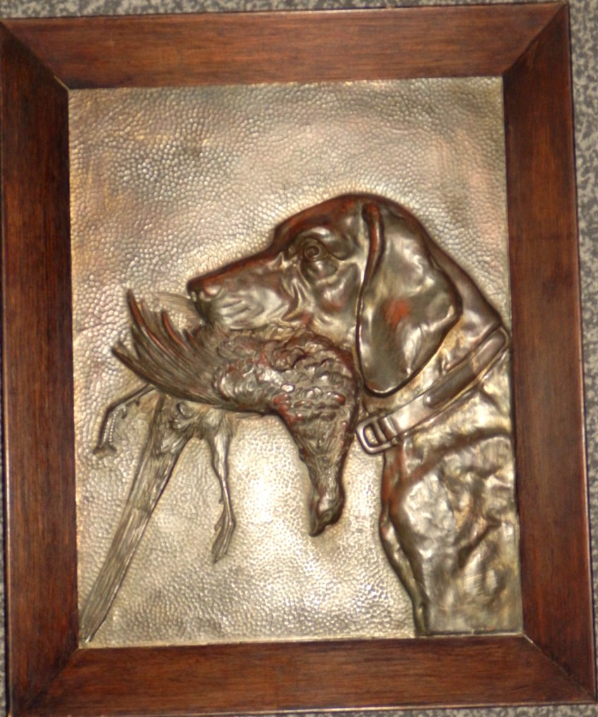 Fraai Sculpture van een Jachthond met vogel in bek - Skulptur, Jachthond met Vogel in bek - 40 cm - Kupfer, Repousse Kupfer (im Relief) #2.1