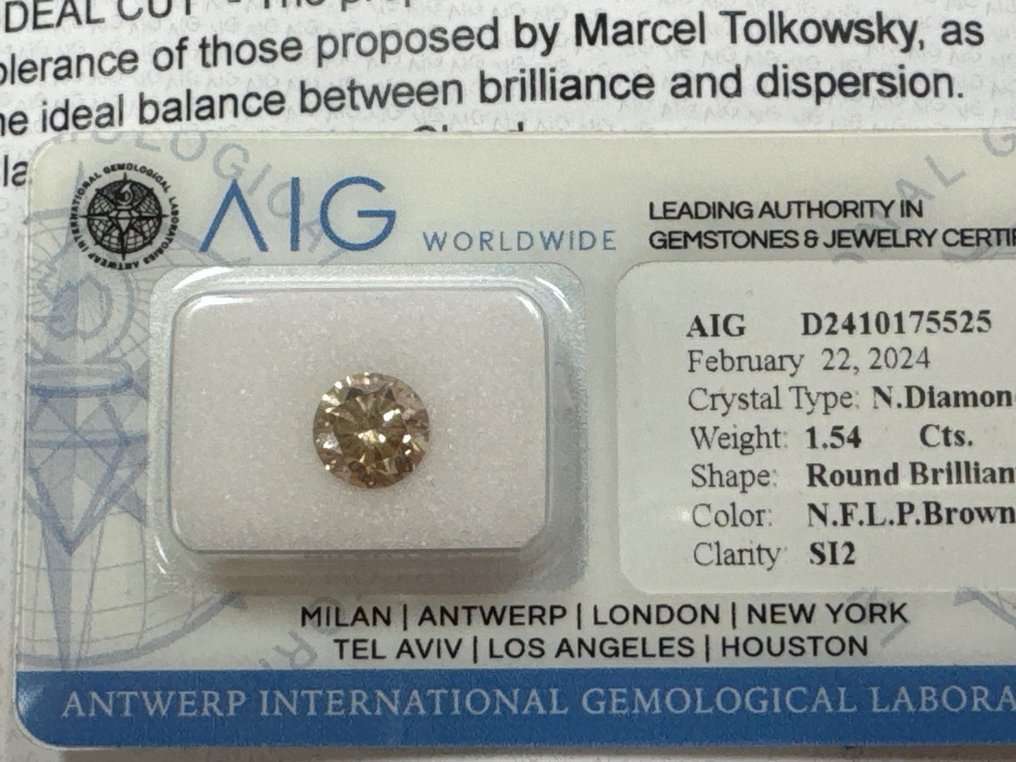 1 pcs Diamante  (Colorato naturale)  - 1.54 ct - Rotondo - Fancy light Marrone, Rosato - SI2 - Antwerp International Gemological Laboratories (AIG Milano) #1.1