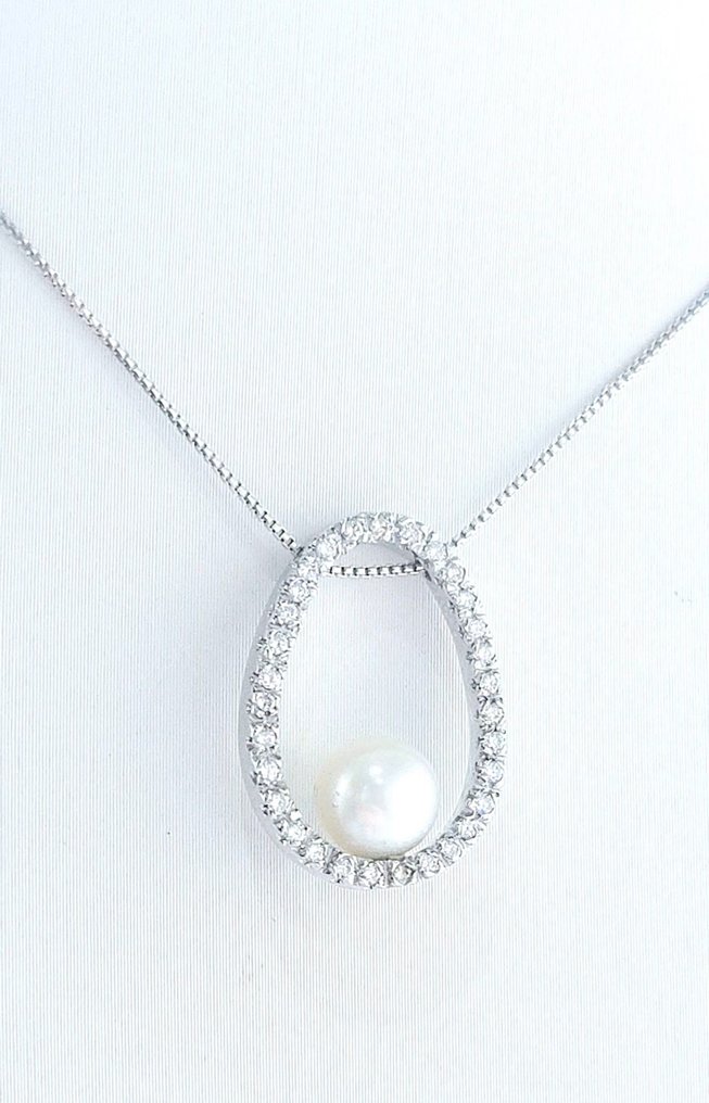 Colier cu pandantiv - 18 ct. Aur alb -  0.80ct. tw. Diamant  (Natural) - Perlă #2.1