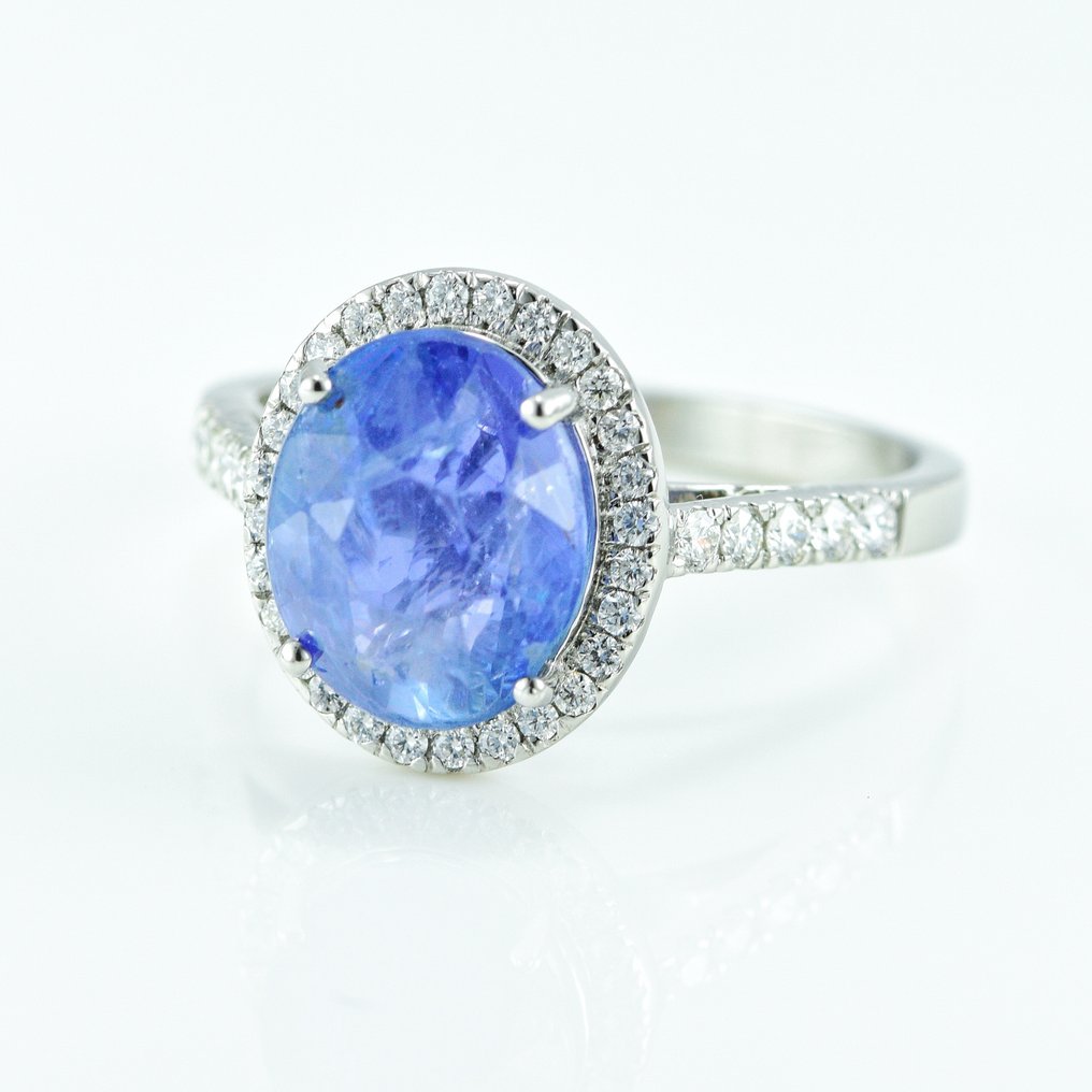 戒指 鉑金 -  4.36ct. tw. 藍寶石 - 鉆石 - 斯里蘭卡藍寶石無熱 #2.1