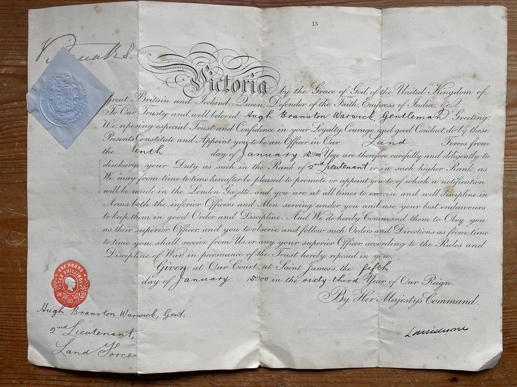[England - Queen Victoria era] - Military Commission Awarded to Hugh Branston Warwick Signed by Queen Victoria - 1900 #1.1