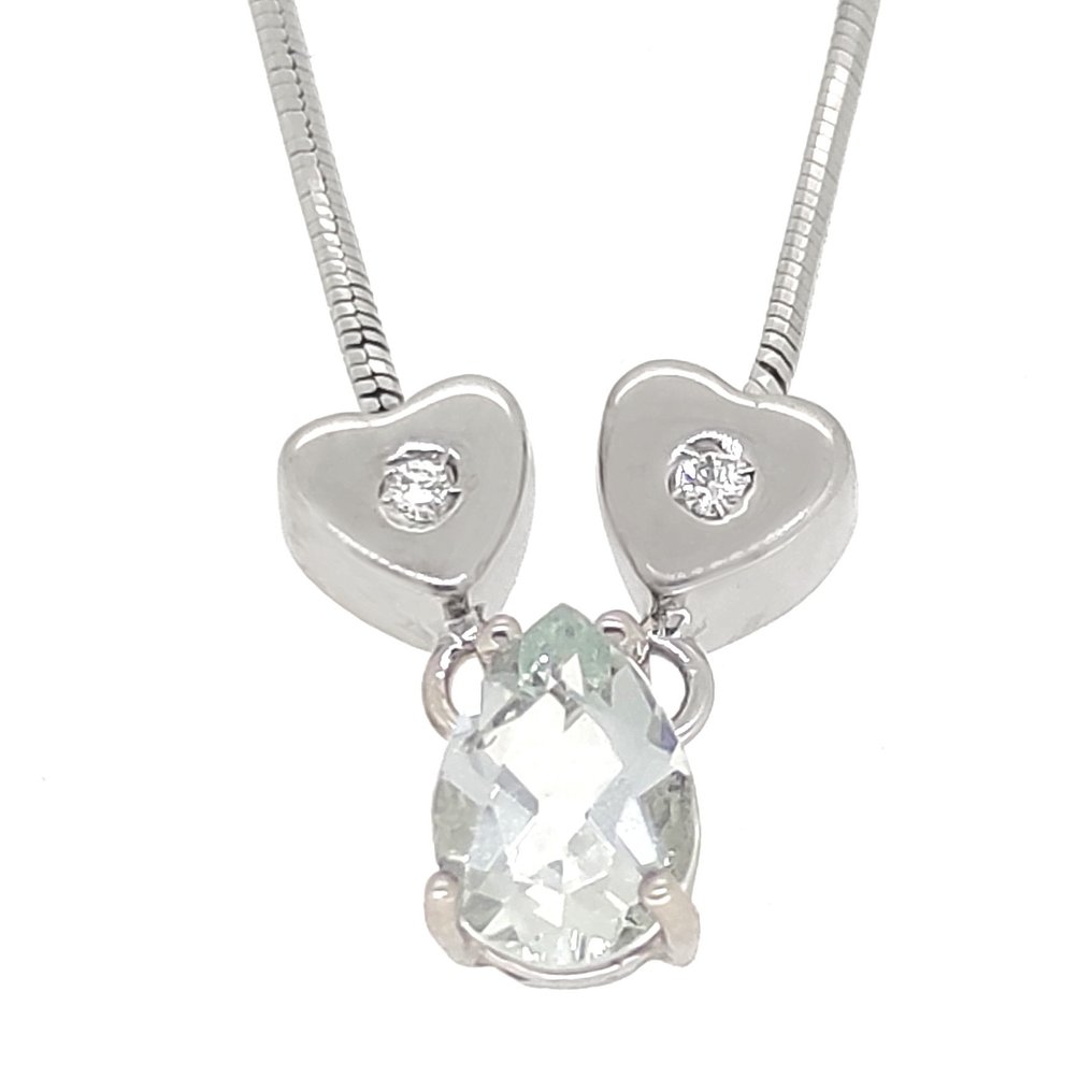 Collier avec pendentif - 18 carats Or blanc -  0.03ct. tw. Diamant - Aigue-marine #1.1