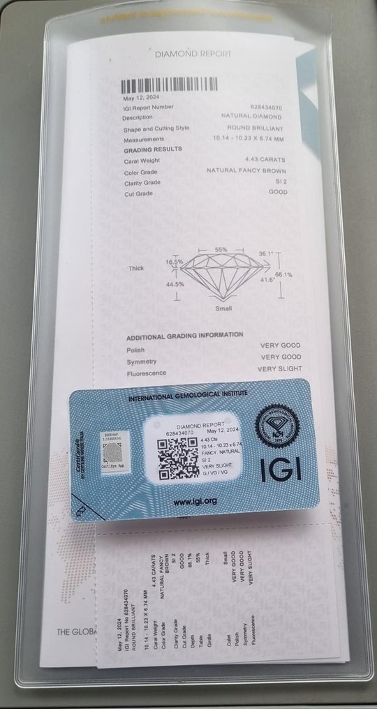 1 pcs 钻石 (天然色彩的) - 4.43 ct - 圆形 - Fancy 棕色 - SI2 微内含二级 - 国际宝石研究院(IGI) #2.1