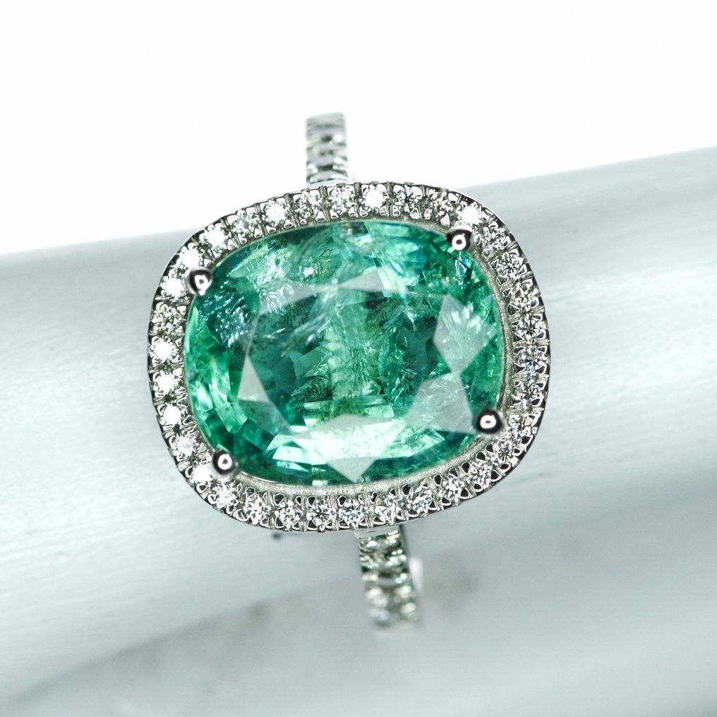 Ring Platina -  4.44ct. tw. Smaragd - Diamant - Kun sertifisert mindre olje #1.1