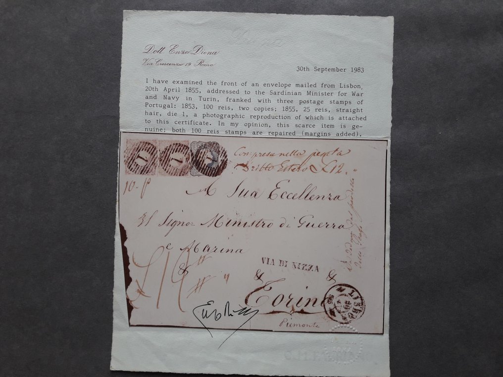 Portugália 1855 - 2x100 reis és 25 reis lisszaboni bélyeggel ellátott boríték Lisszabonból Torinóba küldve #3.1