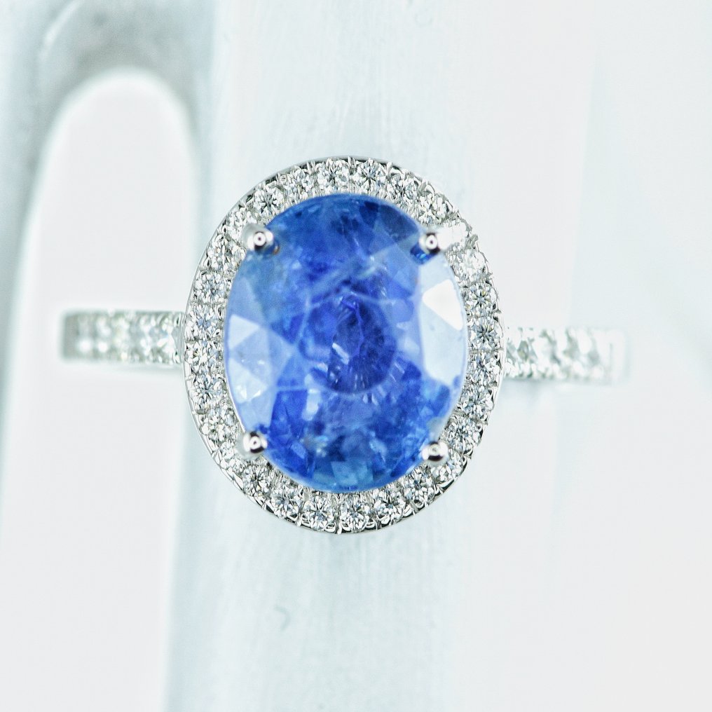 戒指 鉑金 -  4.36ct. tw. 藍寶石 - 鉆石 - 斯里蘭卡藍寶石無熱 #1.1