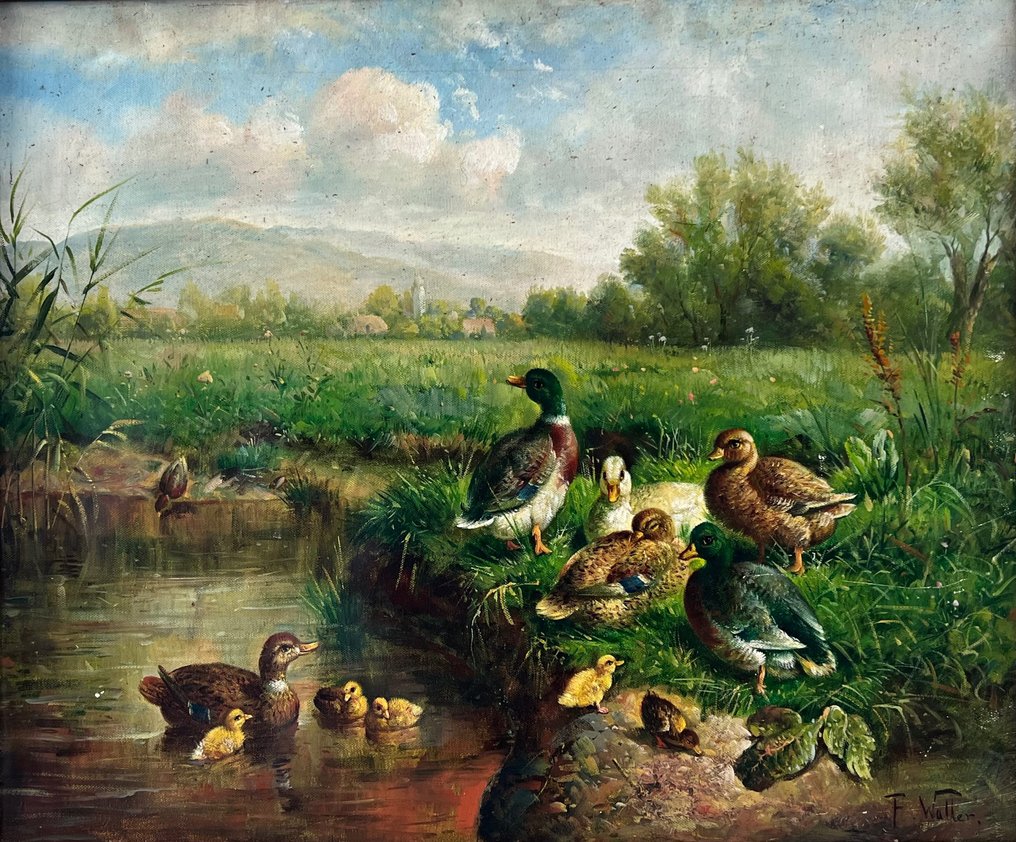 F Waller (XlX-XX) - Ducks and ducklings in a river landscape #1.1