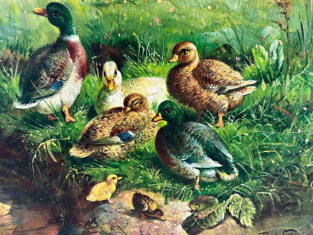 F Waller (XlX-XX) - Ducks and ducklings in a river landscape #3.2