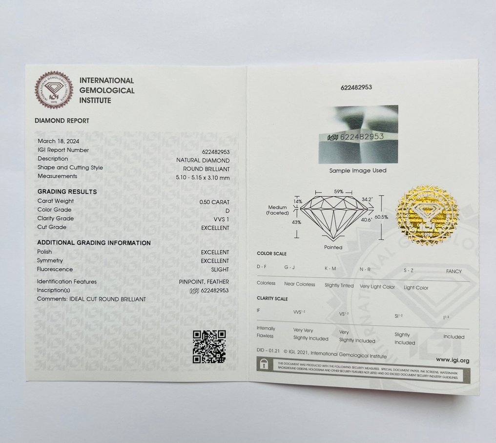 1 pcs Diamante  (Naturale)  - 0.50 ct - Rotondo - D (incolore) - VVS1 - International Gemological Institute (IGI) - Es ex es #2.2