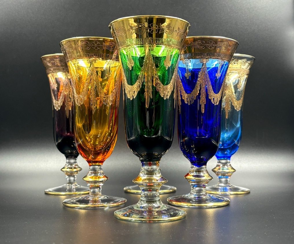 Cristal T Murano - Drinking set - 24 KT Gold, Glass - set of six large colored glass glasses #3.2