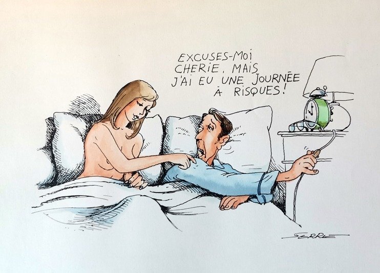 Serre, Claude - 1 Original colour drawing - Humour noir - Médecine "les risques professionnels" - 1990 #1.1