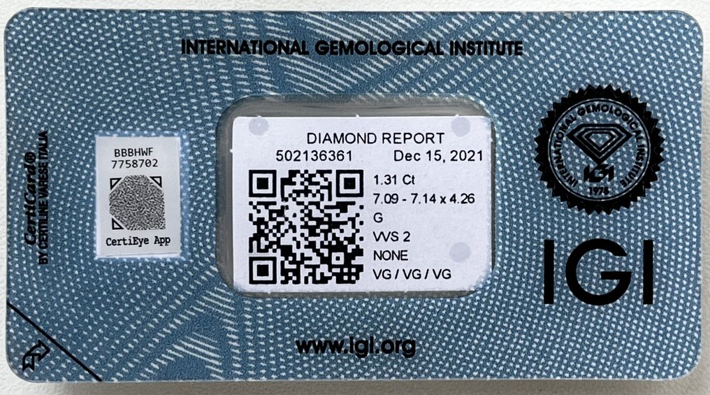 1 pcs Diamant  (Naturlig)  - 1.31 ct - Rund - G - VVS2 - Det internasjonale gemologiske institutt (IGI) #2.1