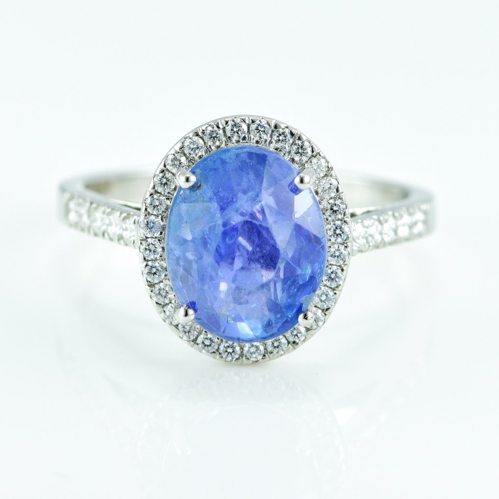 戒指 鉑金 -  4.36ct. tw. 藍寶石 - 鉆石 - 斯里蘭卡藍寶石無熱 #1.2