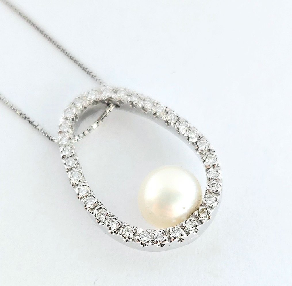 Colier cu pandantiv - 18 ct. Aur alb -  0.80ct. tw. Diamant  (Natural) - Perlă #1.1