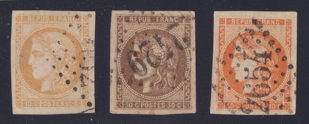 Ranska 1870 - Bordeaux-numero, nro 43B, 47 ja 48, postileima GC, myös allekirjoitettu. Loistavaa - Yvert #1.1