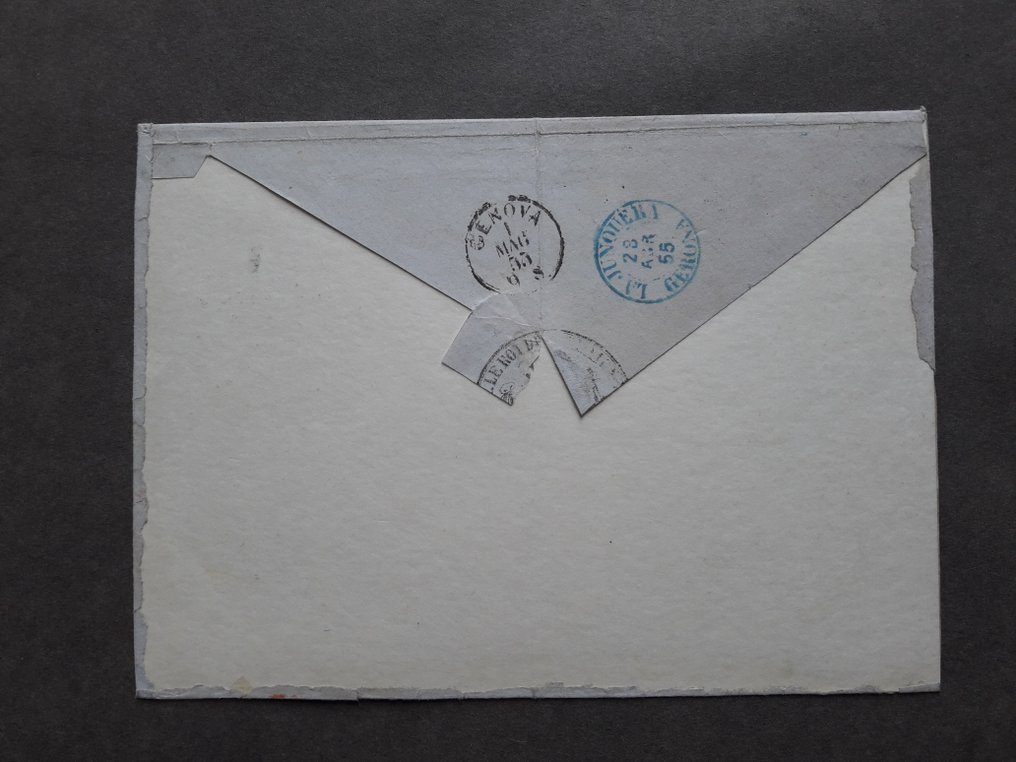 Portugal 1855 - Envelope com Selos de 2x100 Reis e 25 Reis Carimbo de Lisboa.Enviado de Lisboa para Torino via #2.2