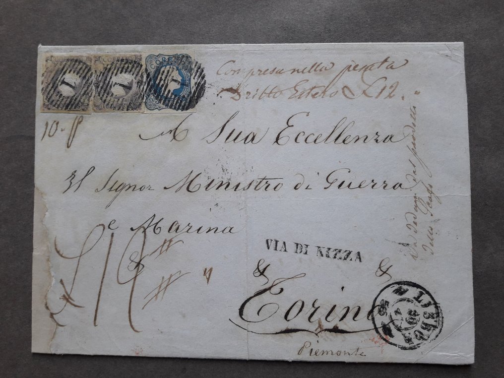 Portugália 1855 - 2x100 reis és 25 reis lisszaboni bélyeggel ellátott boríték Lisszabonból Torinóba küldve #1.1