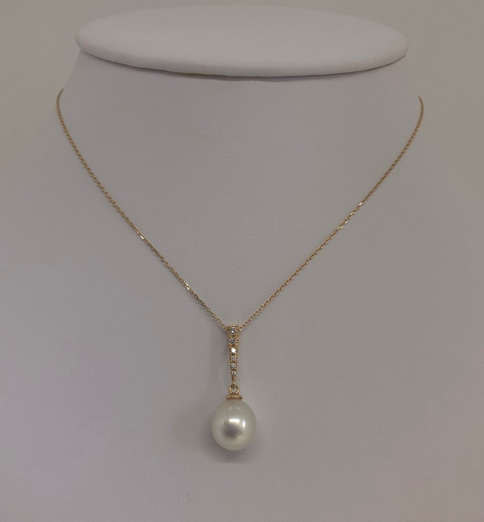 Halskæde med vedhæng SouthSea Drop Pearl - Gul guld 18K -  0.10ct. tw. Diamant  (Natur) #2.1