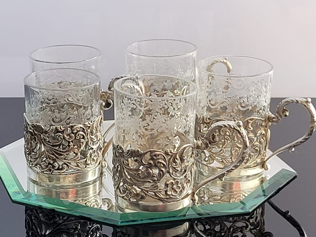 Zilversmederij 'Hollandia' Zutphen - B.W. van Eldik & A.F. van der Scheer - Kaffekop (5) - .835 sølv - Ætset glas #2.2