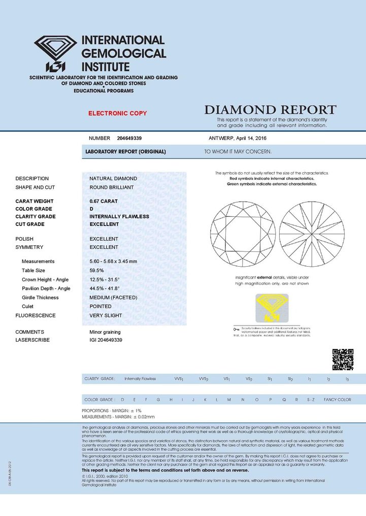 1 pcs Diamant  (Naturelle)  - 0.67 ct - Rond - D (incolore) - IF - International Gemological Institute (IGI) #2.1