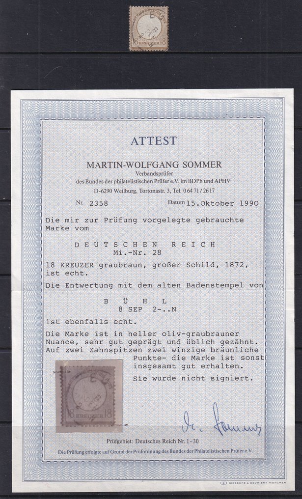 German Empire 1872 - 18 Kr Adler with Grossem Brustschild. CERTIFICATE: Sommer BPP - Michel; 28 #2.1