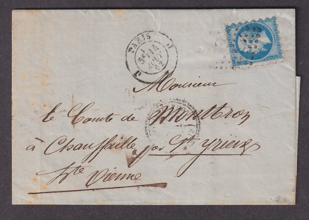 France 1862 - N° 14A oblitéré piquage Susse sur lettre, signé Calves. 1er choix. Très beau - Yvert #1.1