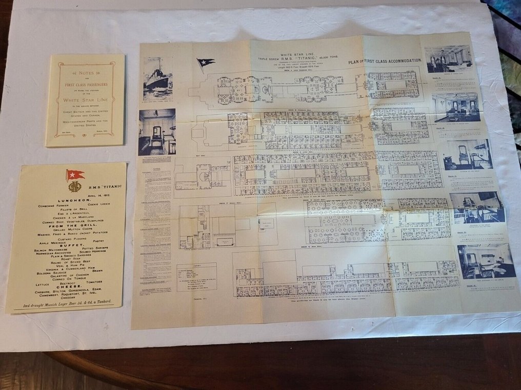 TITANIC Map. RMS TITANIC - White Star Line. Collector items,  passenger ticket 14 april 1912, small booklet and map of the ship #1.1