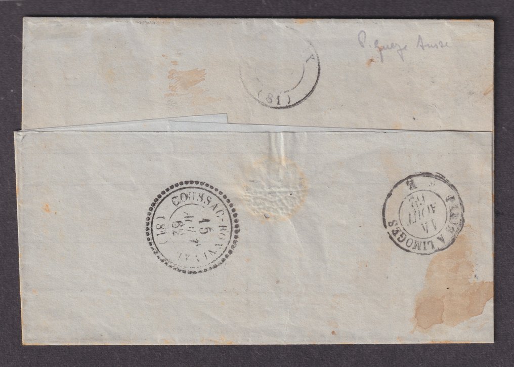 France 1862 - N° 14A oblitéré piquage Susse sur lettre, signé Calves. 1er choix. Très beau - Yvert #2.1