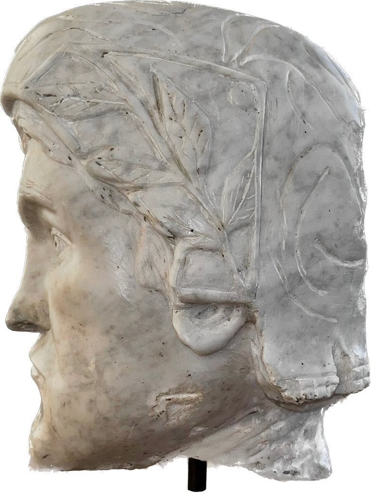 Reliëf, Testa con elmo di guerriero, Italia, primi anni del '900 - 30 cm - Carrara marmer #1.1