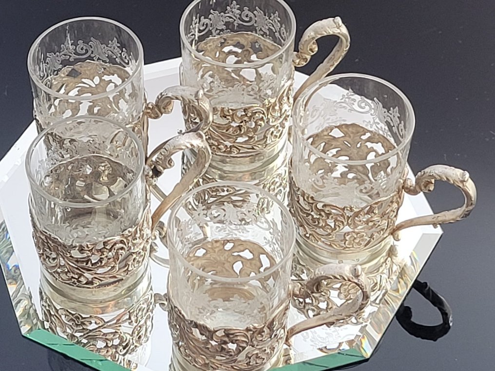 Zilversmederij 'Hollandia' Zutphen - B.W. van Eldik & A.F. van der Scheer - Kaffekop (5) - .835 sølv - Ætset glas #1.1
