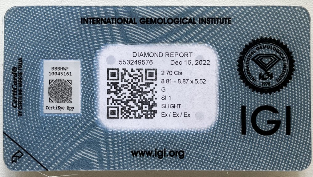 1 pcs 鑽石  (天然)  - 2.70 ct - 圓形 - G - SI1 - 國際寶石學院（International Gemological Institute (IGI)） #2.2