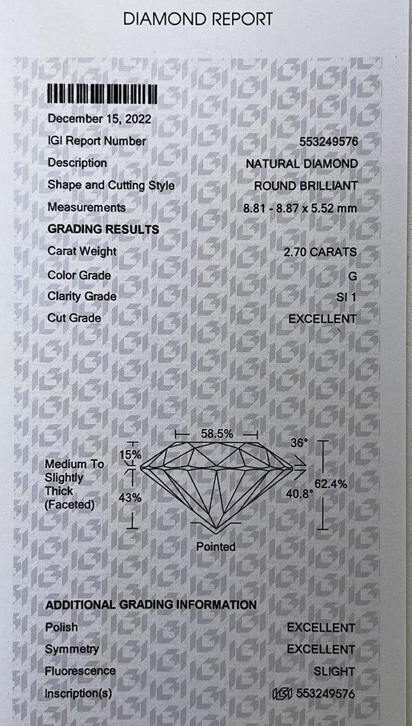 1 pcs Diamond  (Natural)  - 2.70 ct - Round - G - SI1 - International Gemological Institute (IGI) #3.2