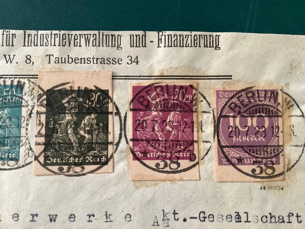 Imperiu German 1923 - Scrisoare cu 3 timbre de cărți poștale decupate - rare și marcate Peschl BPP - Michel 246 z’n 261 #2.1