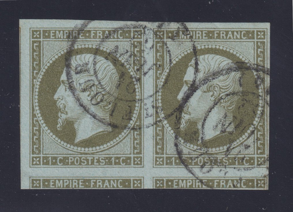 France 1860 - Empire non dentelé, N° 11 paire avec voisins obl. C à D signée Calves. Superbe - Yvert #1.1