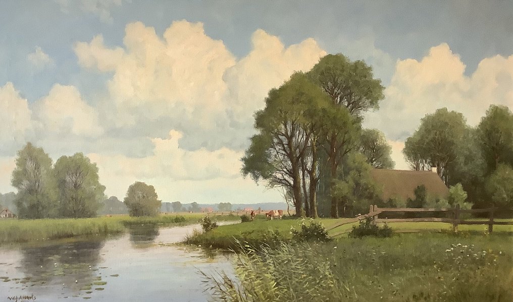 Willem Jacobus Alberts (1912-1990) - Hollands Landschap aan de Vecht, koeien in de wei, in de omgeving van het dorp Vilsteren. #1.1