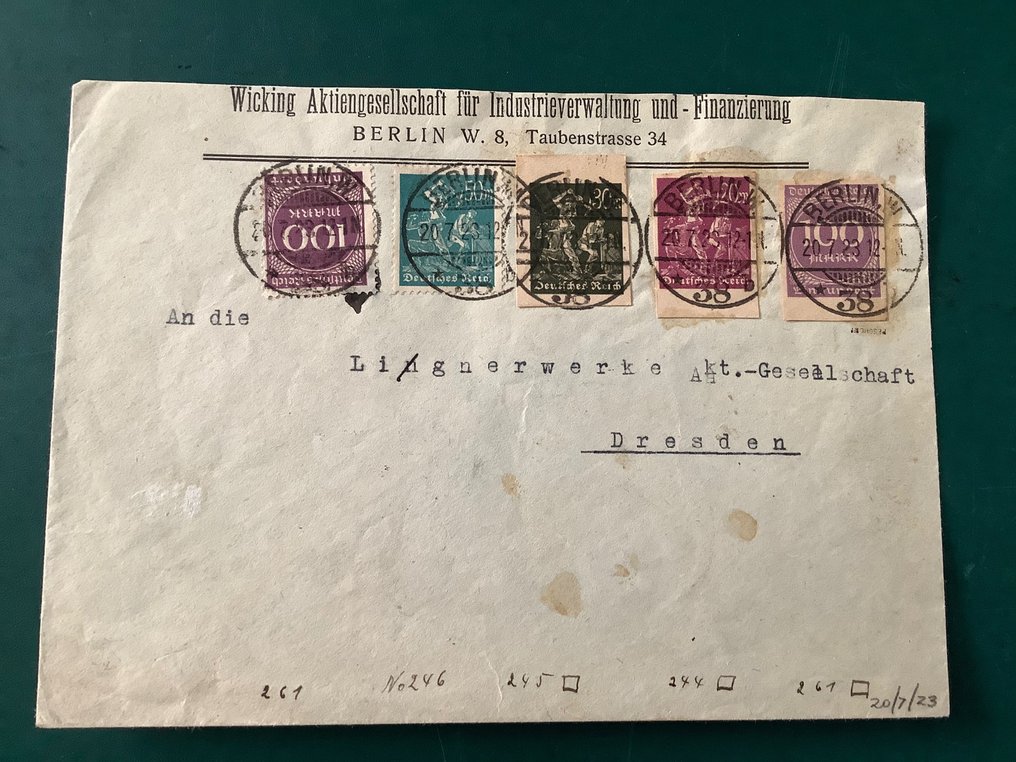 德意志帝國 1923 - 帶有 3 張剪紙明信片郵票的信件 - 罕見且帶有標記的 Peschl BPP - Michel 246 z’n 261 #3.2