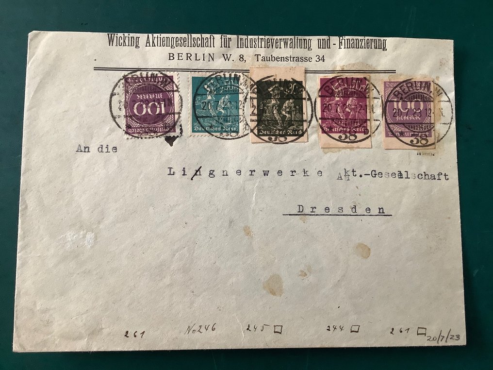 Impero tedesco 1923 - Lettera con 3 francobolli da cartolina ritagliati - rari e punzonati Peschl BPP - Michel 246 z’n 261 #1.1